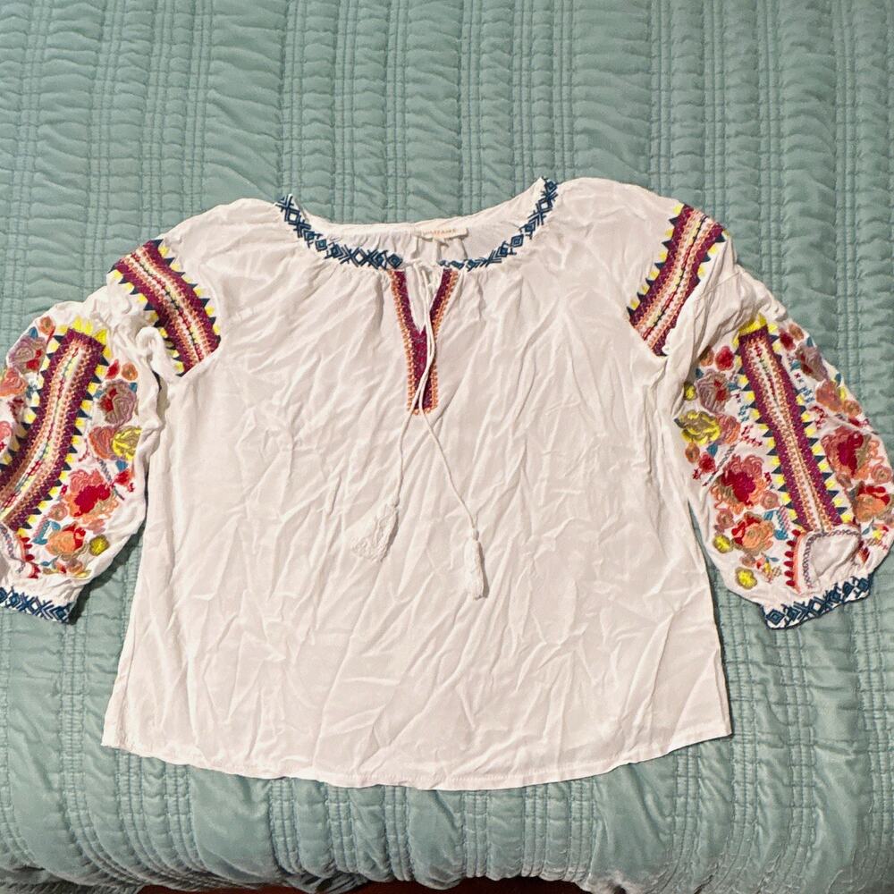Solitaire Women’s White Peasant Blouse Embroidered Floral Tie Neck 3/4 Sleeve L